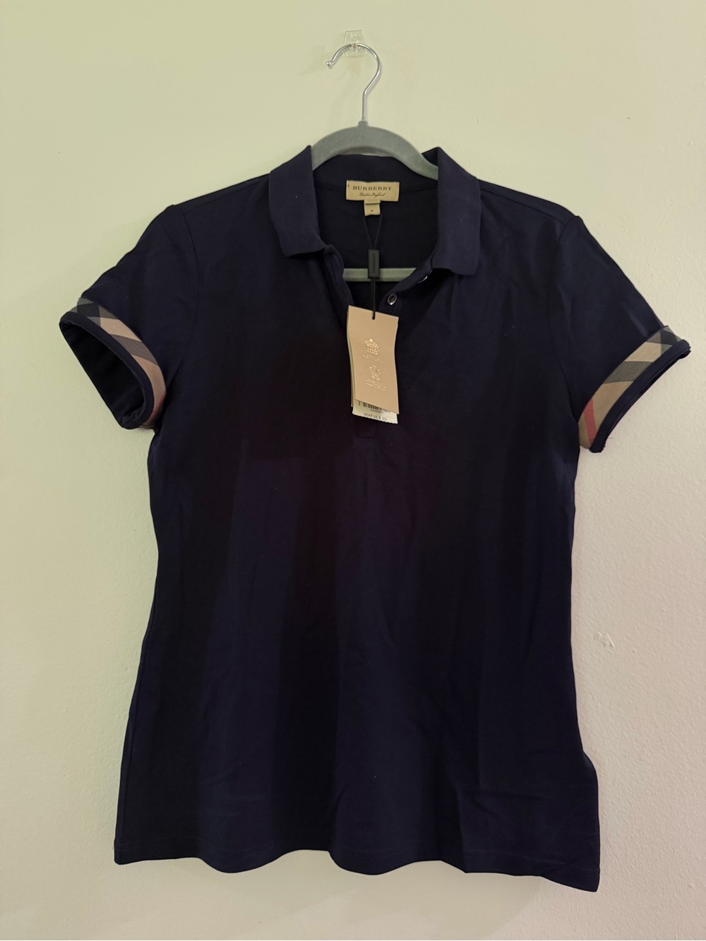 Burberry Navy Polo Tee with Signature Check Sleeve Trim